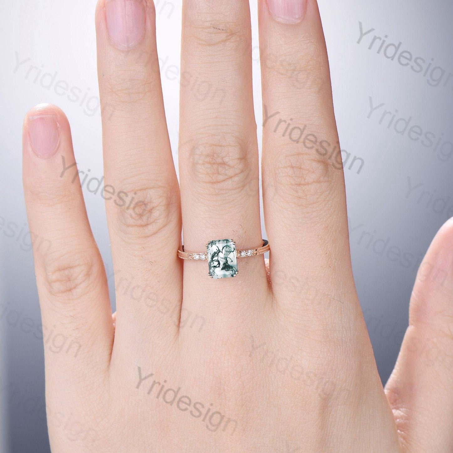 Emerald Cut Moss Agate Diamond Ring Rose Gold Minimalist Dainty Green Agate Engagement Ring Five Stone Milgrain Women Anniversary Ring
