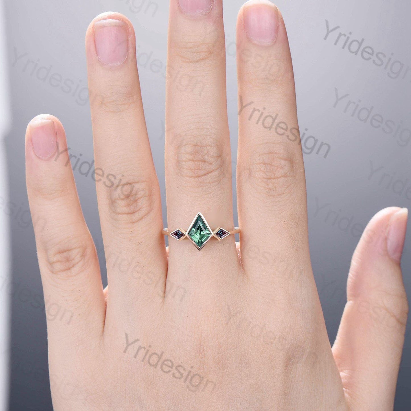 Vintage Kite Lab Green Sapphire Engagement Ring, Alexandrite Accents