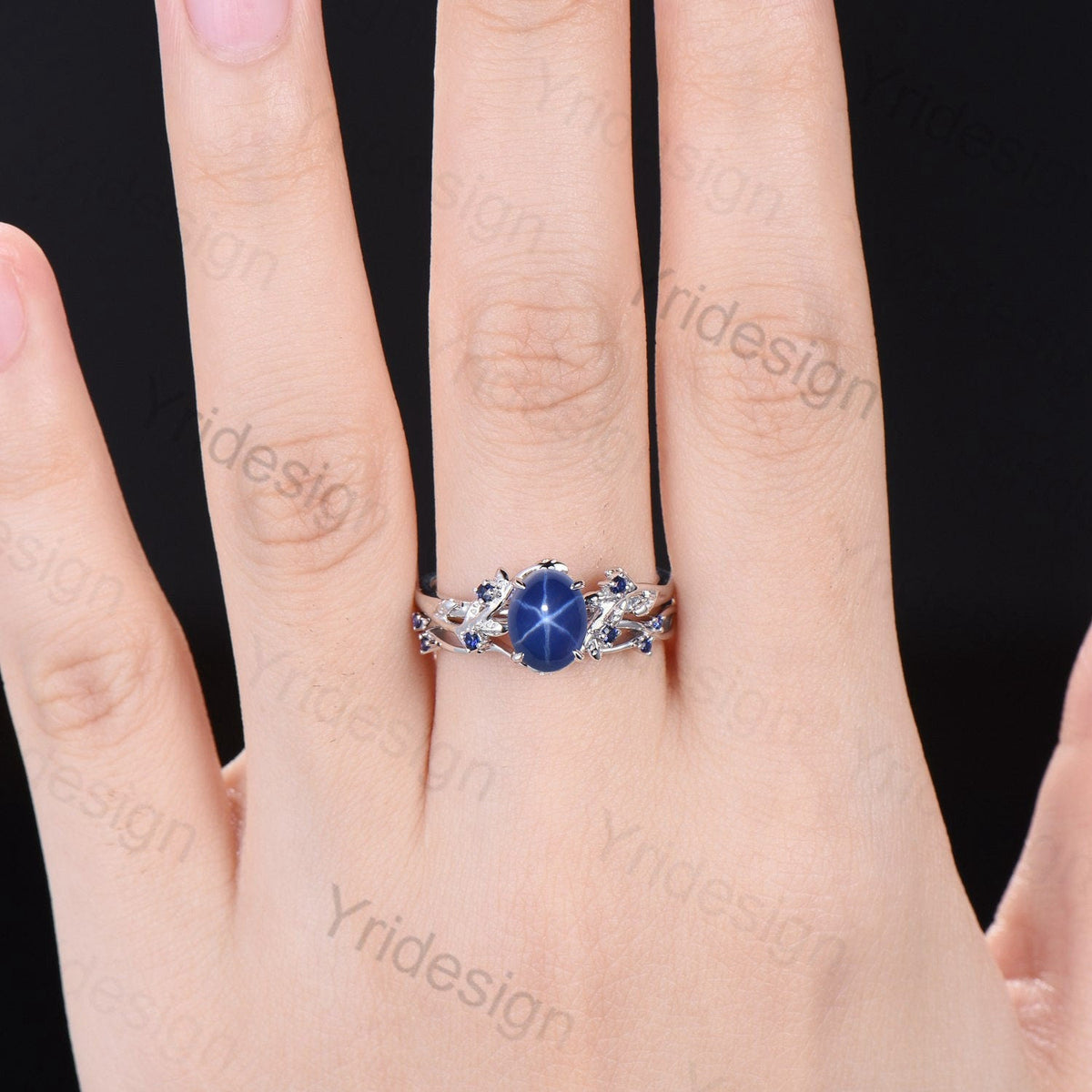 Leaf Star Sapphire Ring Set, Rose Gold Cluster Wedding Rings
