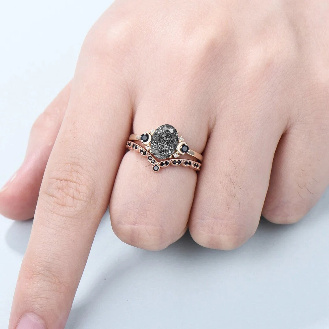 Oval cut black rutilated quartz engagement ring set vintage wedding ring set unique promise ring women art deco black spinel matching band