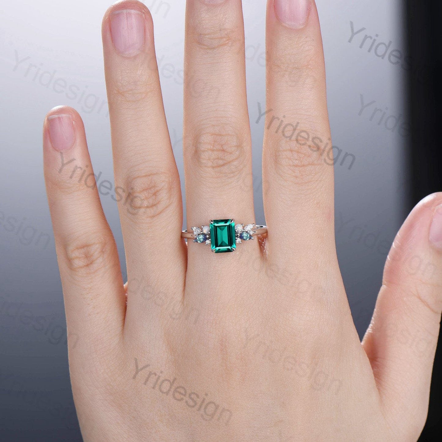 Vintage Emerald Cut Emerald Engagement Ring Rose Gold Alternative Alexandrite Opal Wedding Ring For Women Unique Cluster Promise Ring Gift