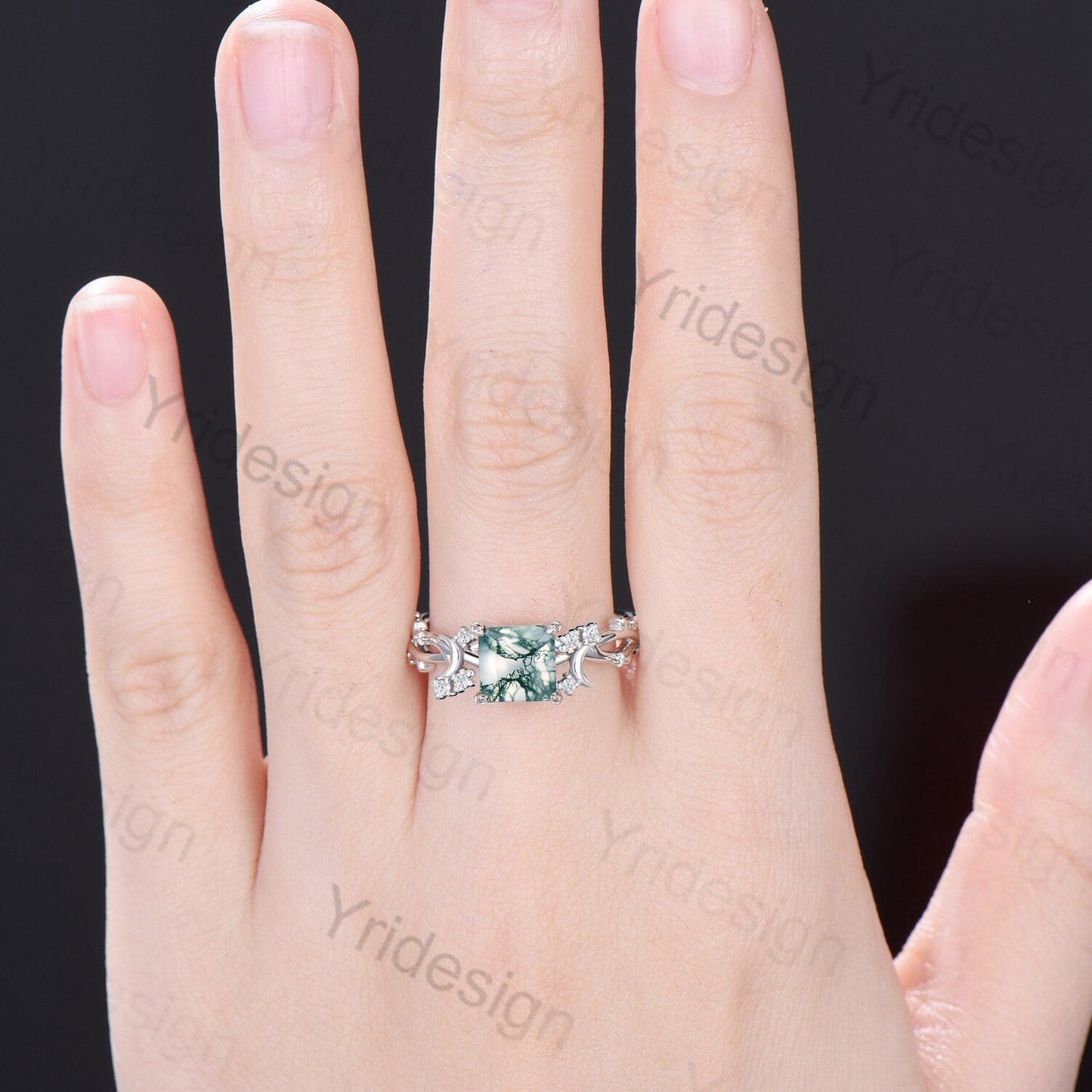 7mm Princess moss agate engagement ring crescent natural green agate celtic bridal ring Unique cluster moissanite anniversary gift for Women