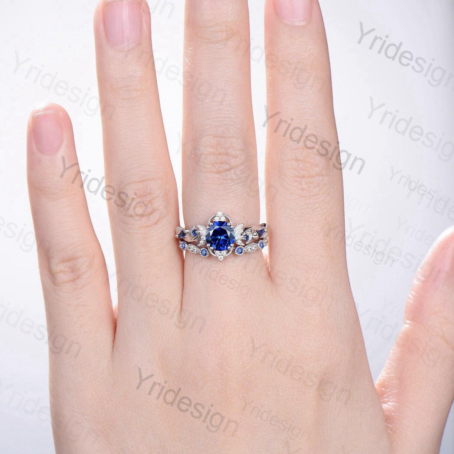 Crescent Moon Blue Sapphire Engagement Ring Set Unique Nature Inspired Wedding Ring Art Deco Open Gap Sapphire Bridal Ring Set for Women