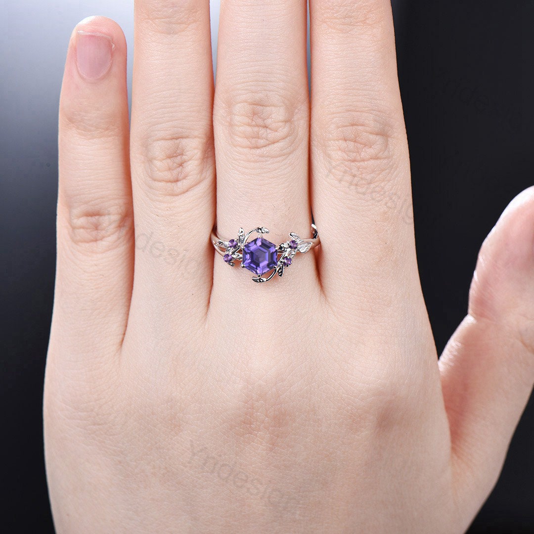 Elegant Purple Sapphire Ring Vintage Unique Twig Engagement Ring Leaf Cluster Amethyst Wedding Women Natural inspired Branch Proposal Gift