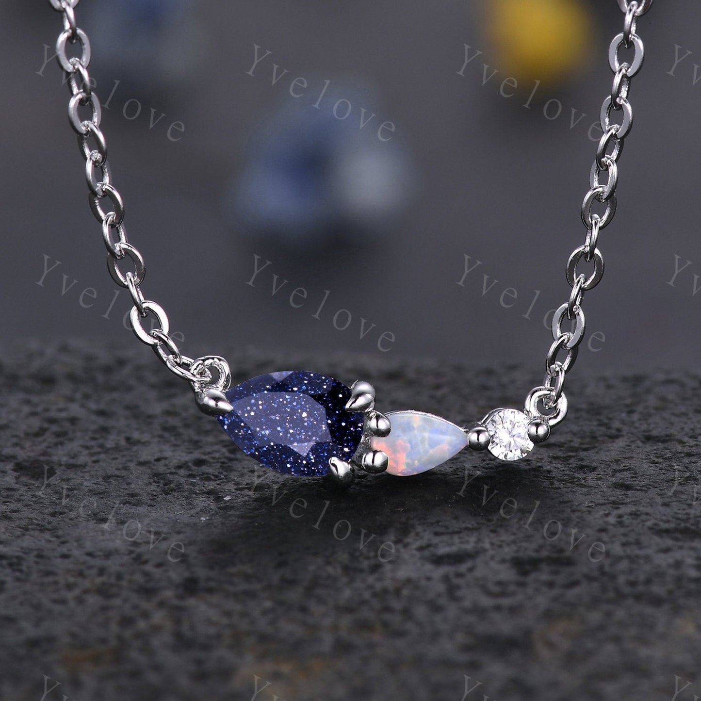 Unique Peridot Opal Necklace,Pear Cut Gems,Art Deco Moissanite Diamond Delicate Dainty Necklace,3 Stone Unique Women Bridal Gift,Silver