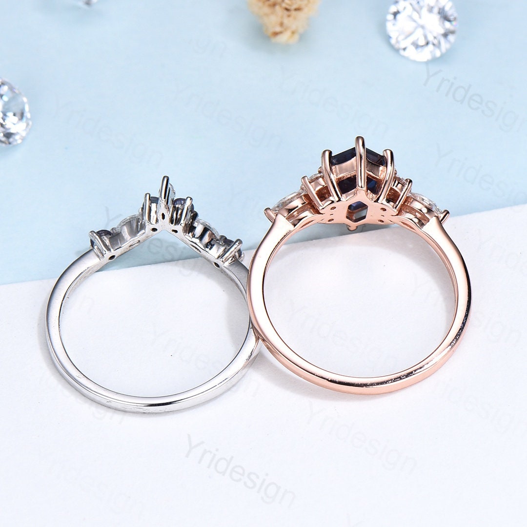 Vintage Hexagon Alexandrite Ring Set, Kite Accent, Rose Gold Anniversary