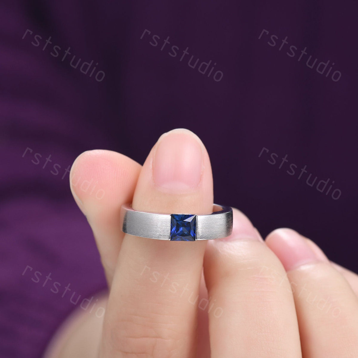 Princess Cut Blue Sapphire Ring: Brushed White Gold Mens Ring