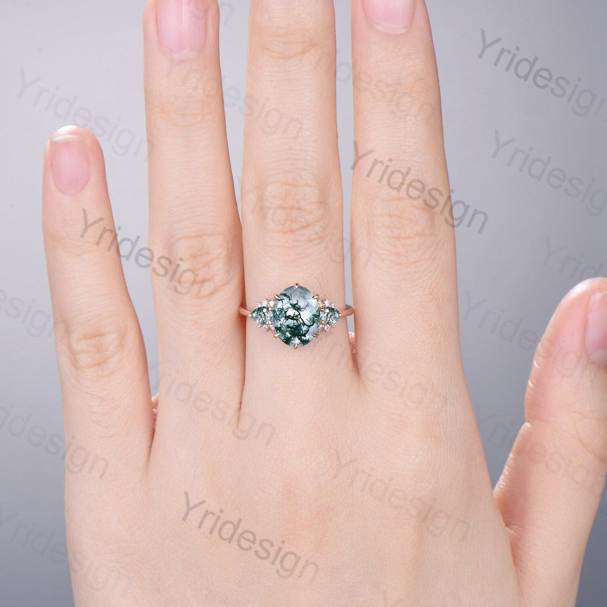 8x10mm Big Moss Agate Engagement Ring Cluster Pear Green Agate Wedding Ring Vintage 6 Prongs Art Deco Moissanite Band Aquatic Stone Jewelry