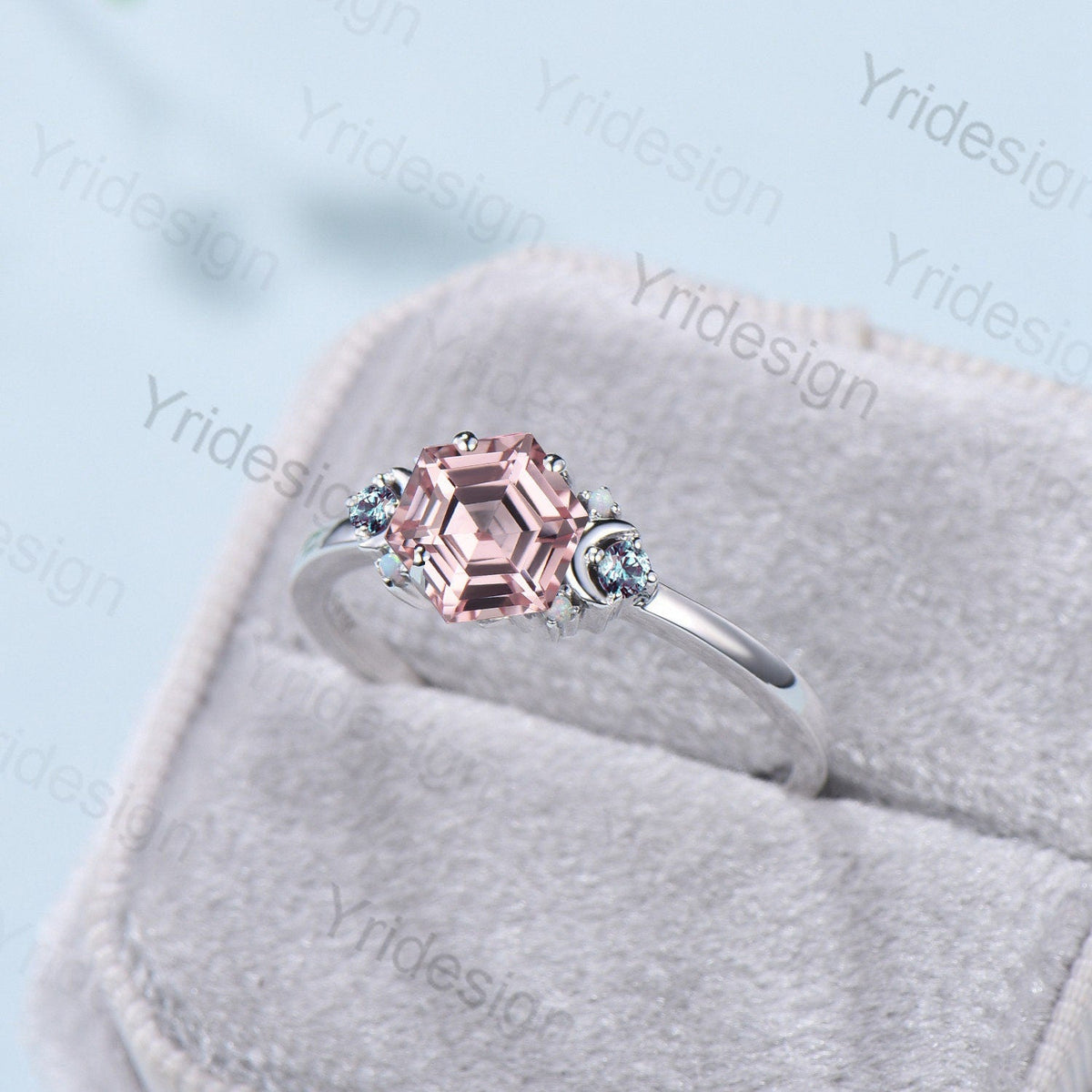 Vintage Moon Pink Sapphire Ring Unique Nature Inspired Hexagon Sapphire Engagement Ring Alternative Alexandrite Opal Wedding Ring For Women
