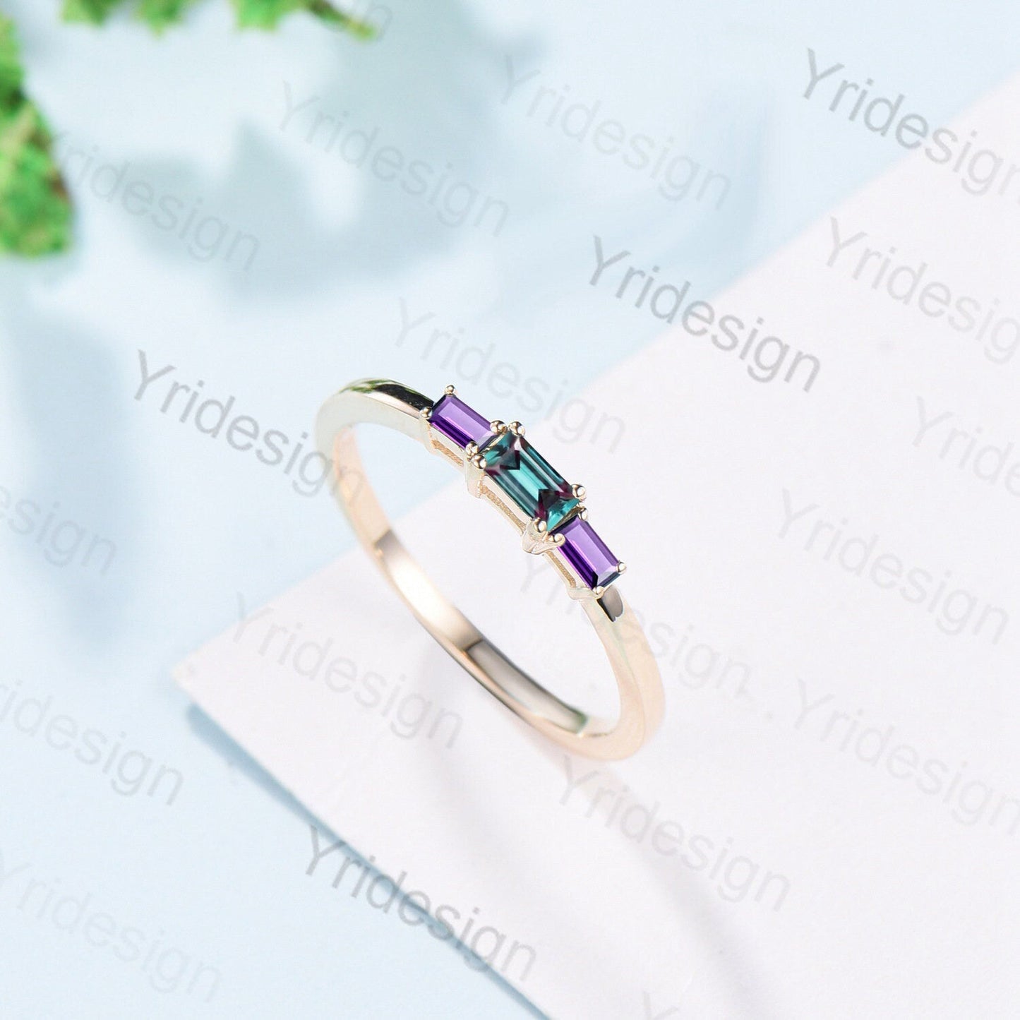 Baguette Alexandrite Amethyst Ring, Three Stone Stacking Band