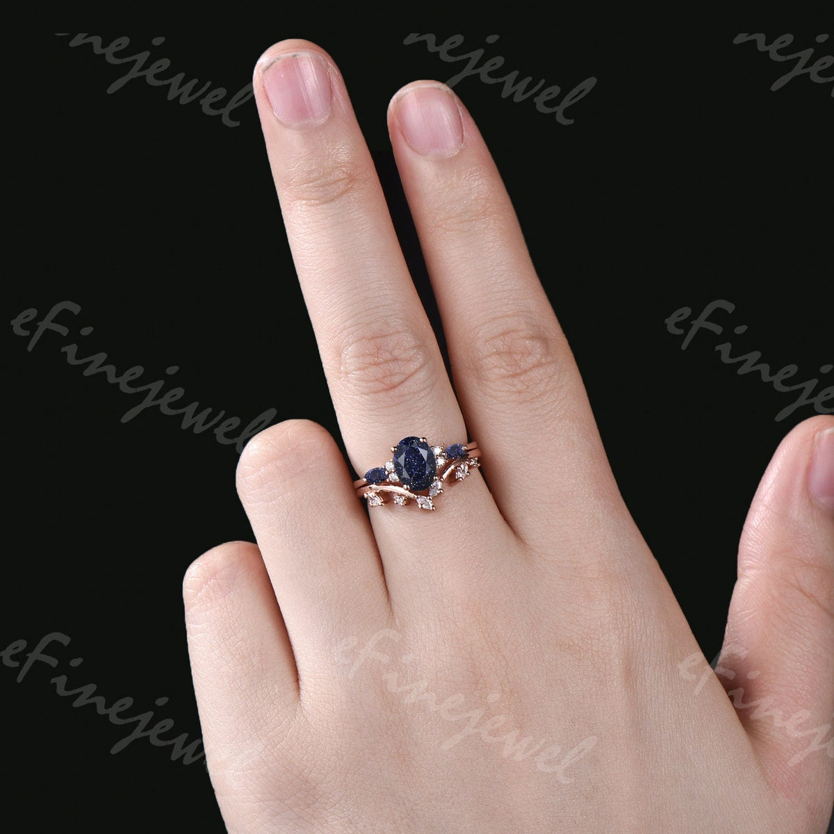 Blue Sandstone Engagement Ring Set, Vintage Marquise, Rose Gold