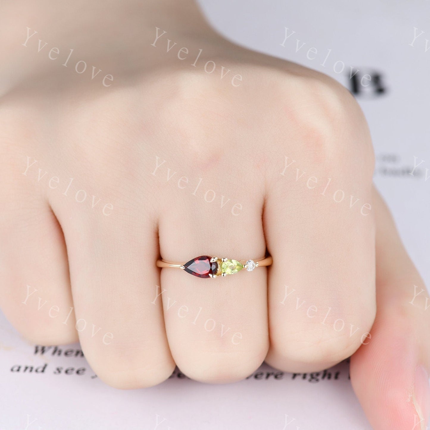 Vintage Red Garnet Peridot Engagement Ring,Pear Cut Gems,Art Deco Moissanite Wedding Band,3 Stone Unique Women Bridal Promise Ring,Custom