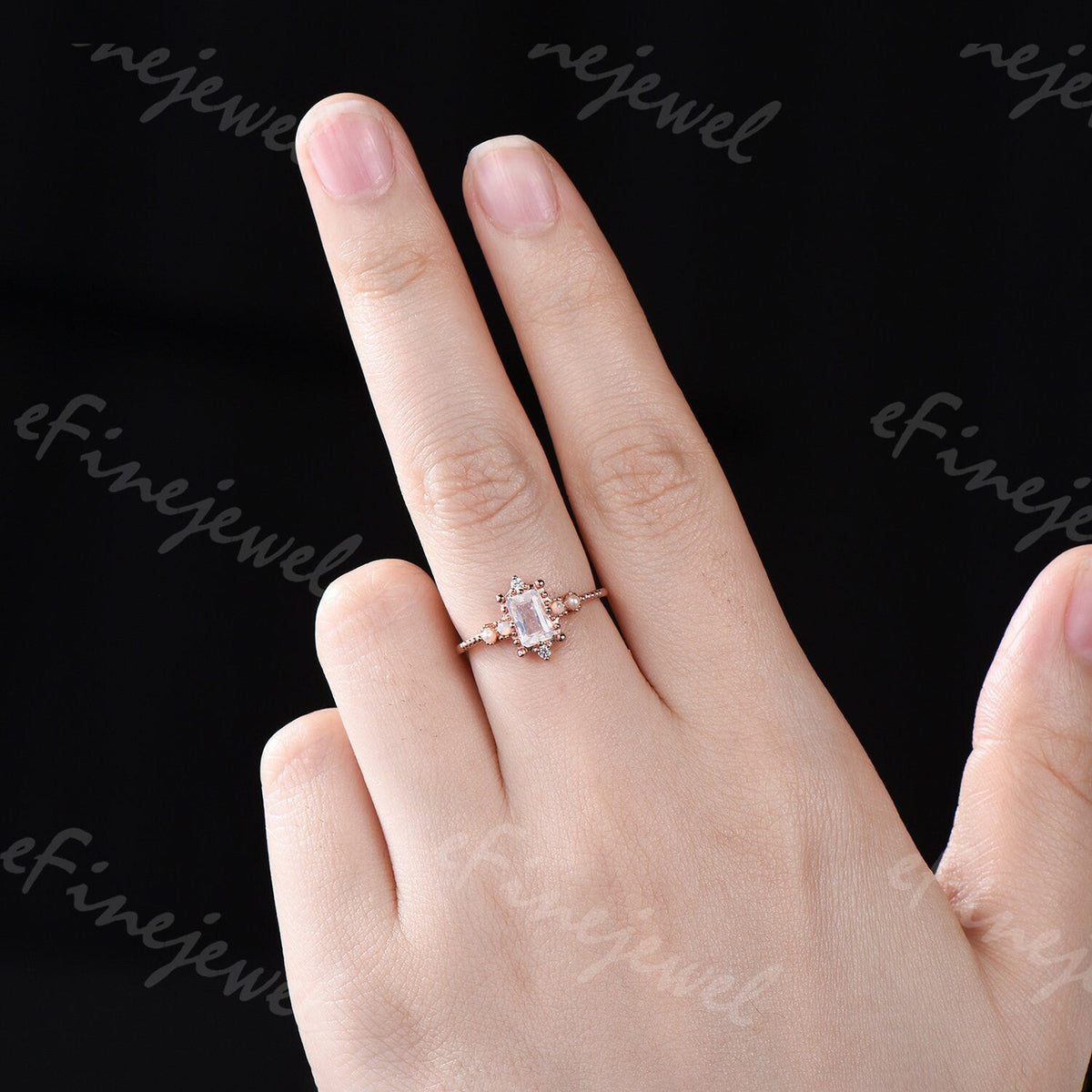 Emerald Cut Moonstone Ring, Opal Pearl, Art Deco Fine Jewelry