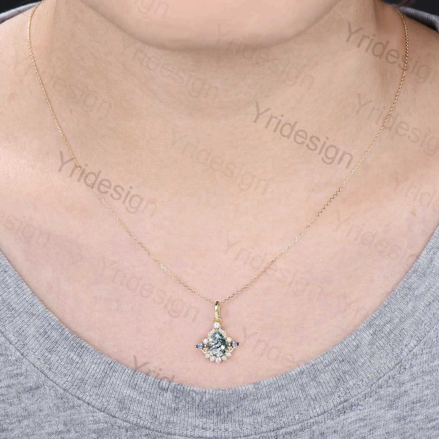 Unique Pear Shaped Moss Agate Pendant Necklace Vintage Alternative Alexandrite Opal Necklace For Women Nature Inspired Leaves Pendant