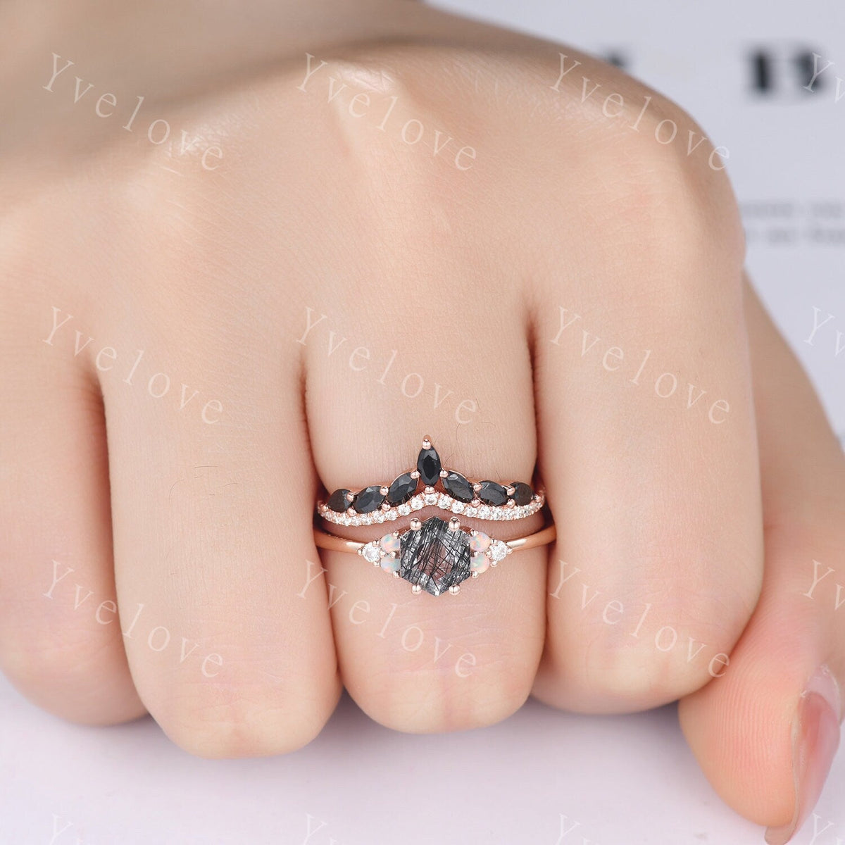 Unique Black Rutilated Quartz Engagement Ring,Opal Moissanite Rings for Women,Cluster Ring,Vintage Anniversary Stack Promise Ring,Handmade