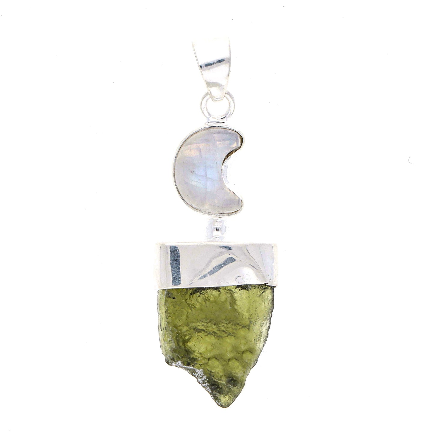 Moldavite Rough Pendant, Silver Handmade Pendant, Moon Shape Moonstone Jewelry, 100% Authentic With Certified Gemstone