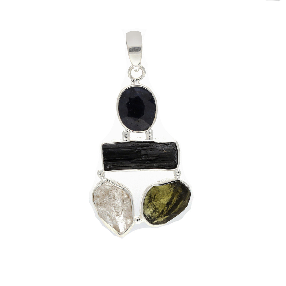 Moldavite Pendant, Black Tourmaline, Blue Sapphire, Herkimer Diamond Pendant, Sterling Silver Pendant, Handmade Pendant, Natural Moldavite