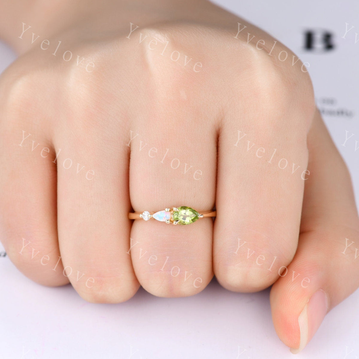 Vintage Peridot Opal Engagement Ring,Pear Cut Gems,Art Deco Moissanite Wedding Band,3 Stone Unique Women Bridal Promise Ring,Customized Gift