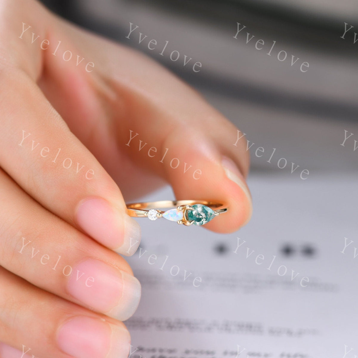Unique Moss Agate Opal Engagement Ring,Pear Cut Gems,Art Deco Moissanite Wedding Band,3 Stone Unique Women Bridal Promise Ring,Customized