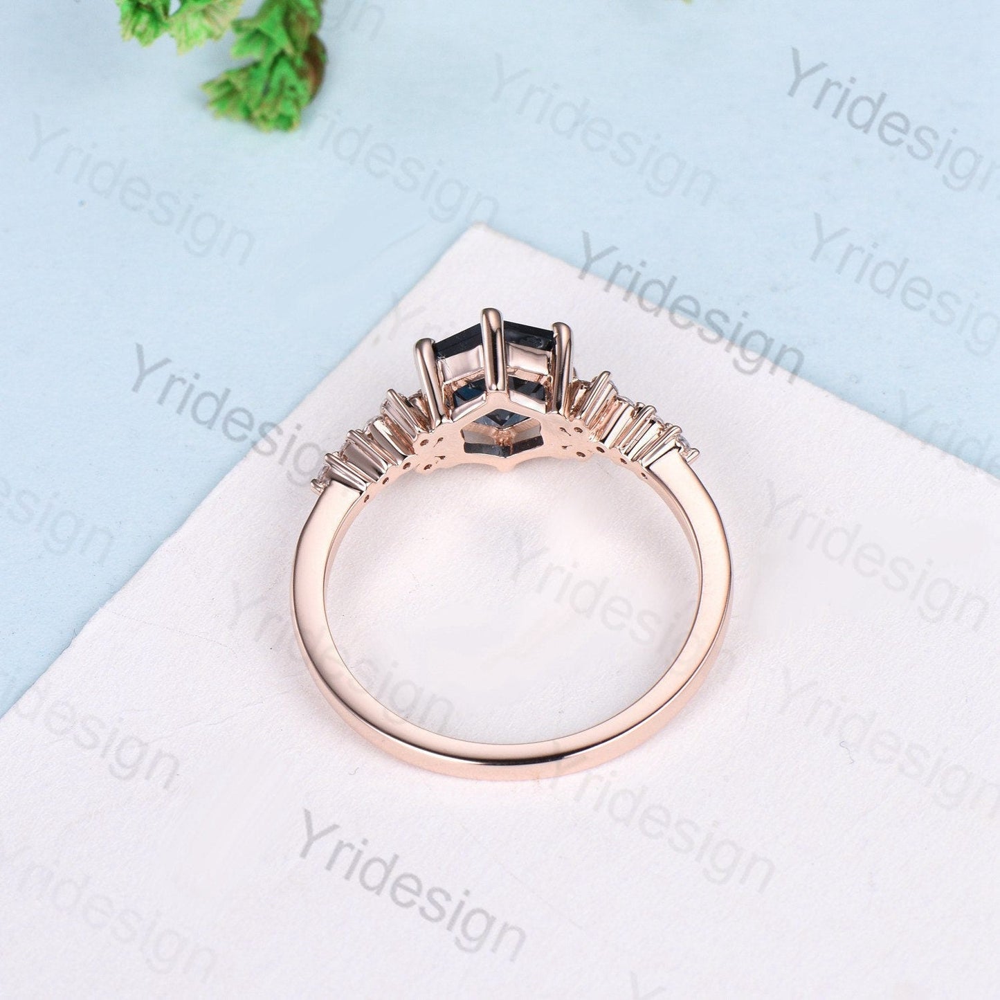 Handmade Hexagon Black Opal Ring, Flower Moissanite, 14K Rose Gold