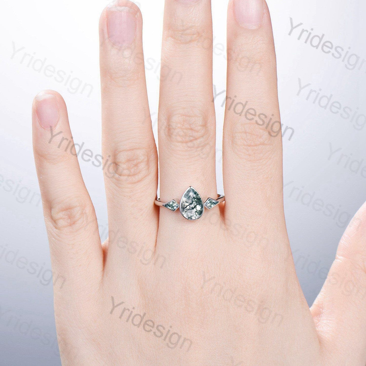 Bezel Set Moss Agate Ring Pear Aquatic Agate Engagement Ring Minimalist Kite Green Agate Wedding Ring For Women Three Stone Anniversary Ring