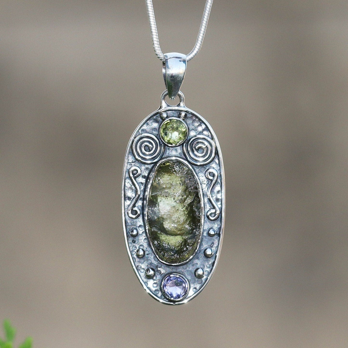 Moldavite Peridot Amethyst pendant, genuine gemstone pendant, sterling silver handmade pendant, 100% genuine with certified gemstone