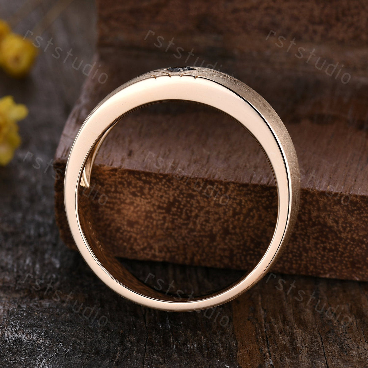 6mm Mens Kite Cut Black Rutilated Quartz Ring: 14k Solid Gold Retro Promise Ring Matt Finished