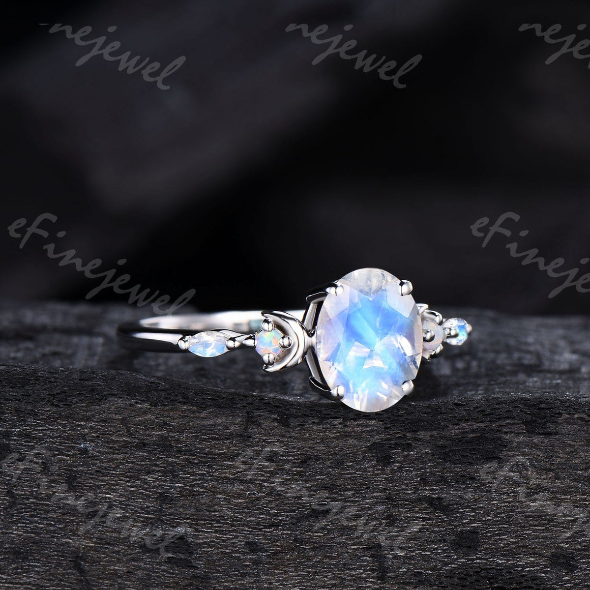 Vintage Oval Moonstone Engagement Ring, White Gold Anniversary Gift