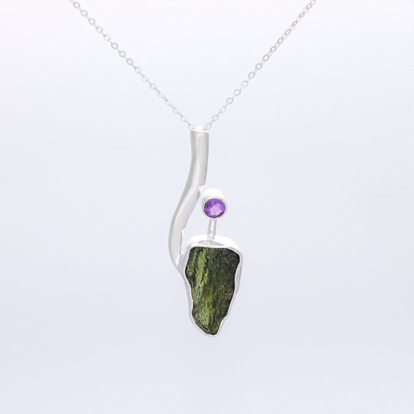 Genuine Moldavite Rough With Amethyst Pendant 100% Natural With Certified Gemstone From Czech Republic 925 Sterling Silver Handmade Jewelry