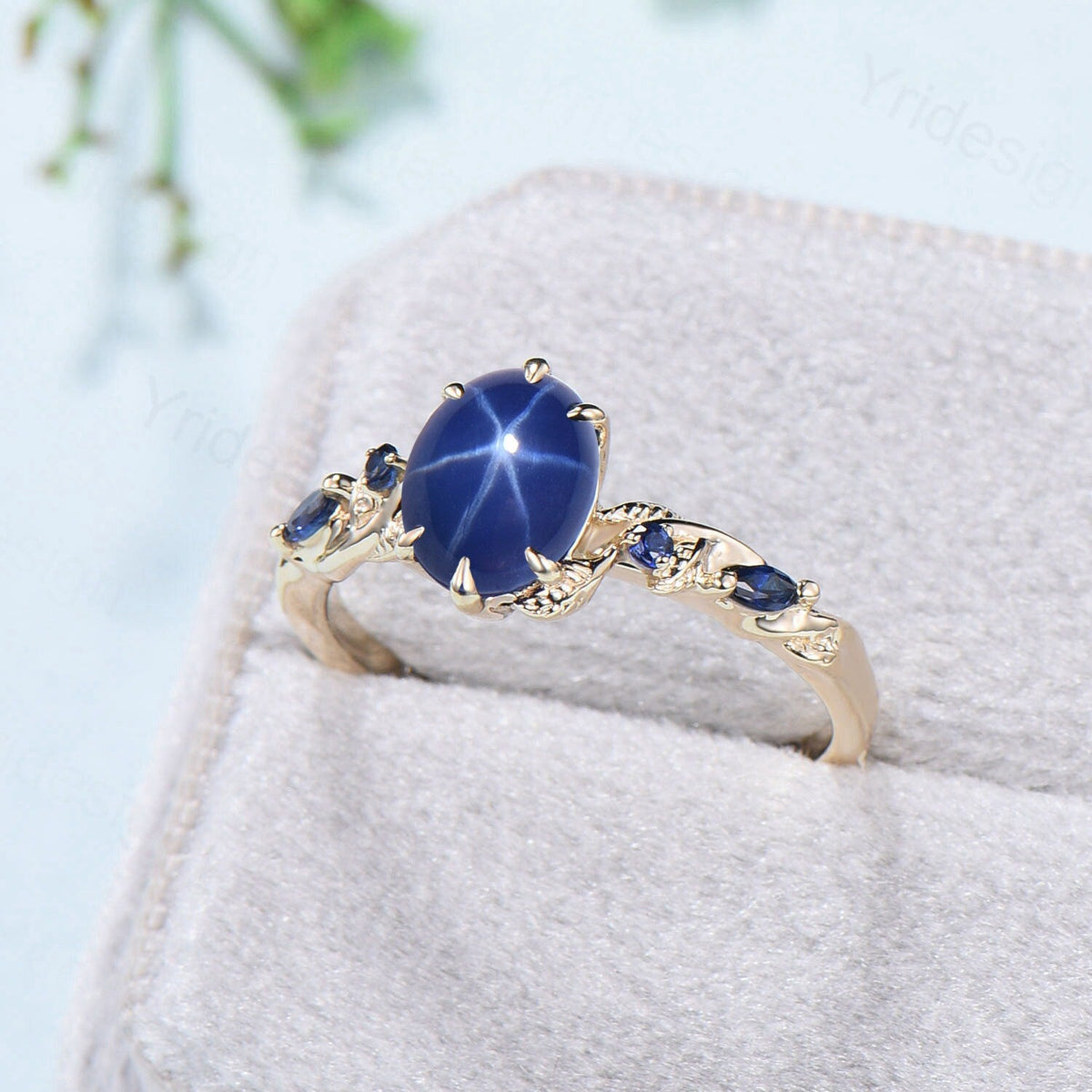 Vintage Inspired Star Sapphire Ring, Leaf Gold Band, Dainty Wedding Ring