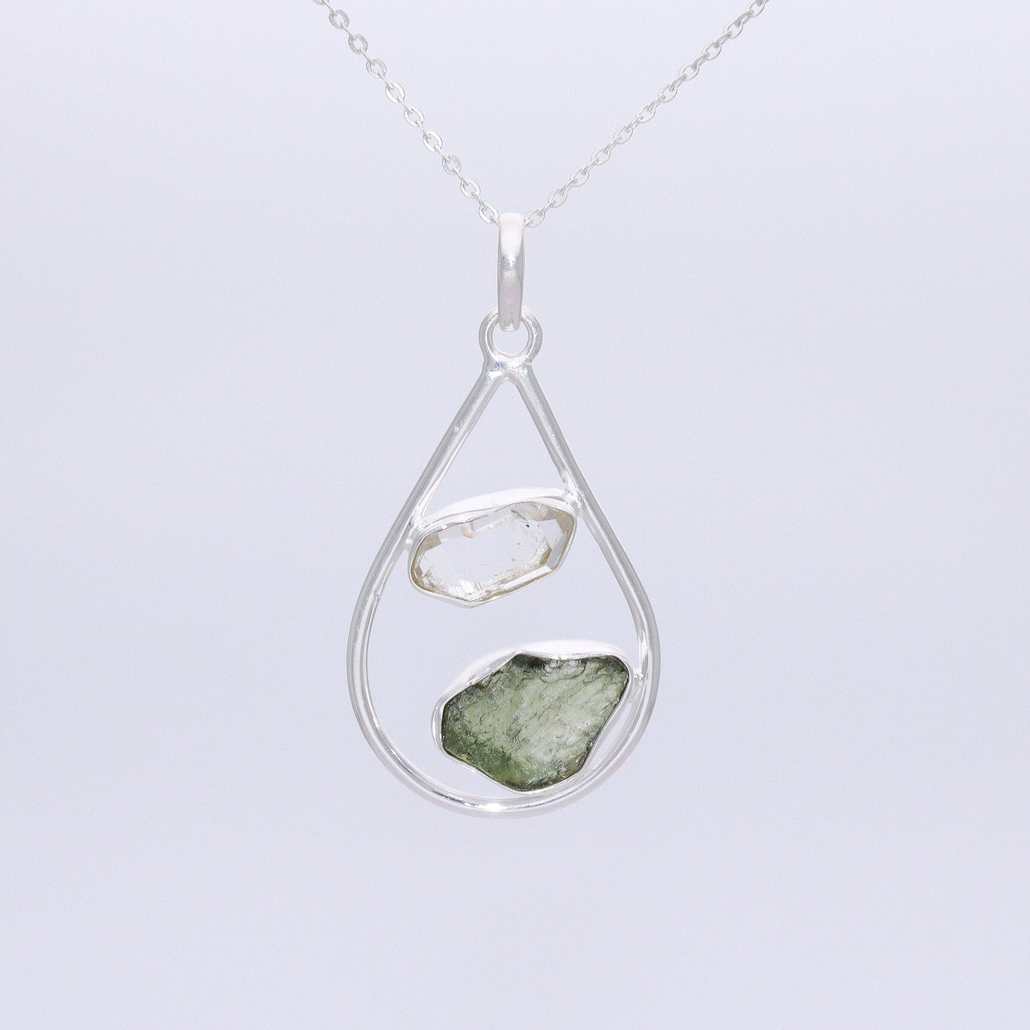 Raw Moldavite Pendant, Herkimer Diamond Jewelry, Natural Gemstone Jewelry, 925 Sterling Silver, Jewelry For Gift, Handmade Jewelry For Women