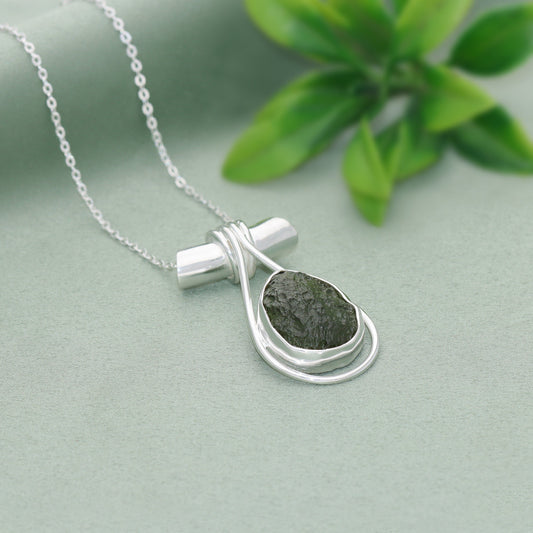 Genuine Moldavite Rough Pendant 100% Natural With Certified Gemstone From Czech Republic 925 Sterling Silver Handmade Designer Jewelry
