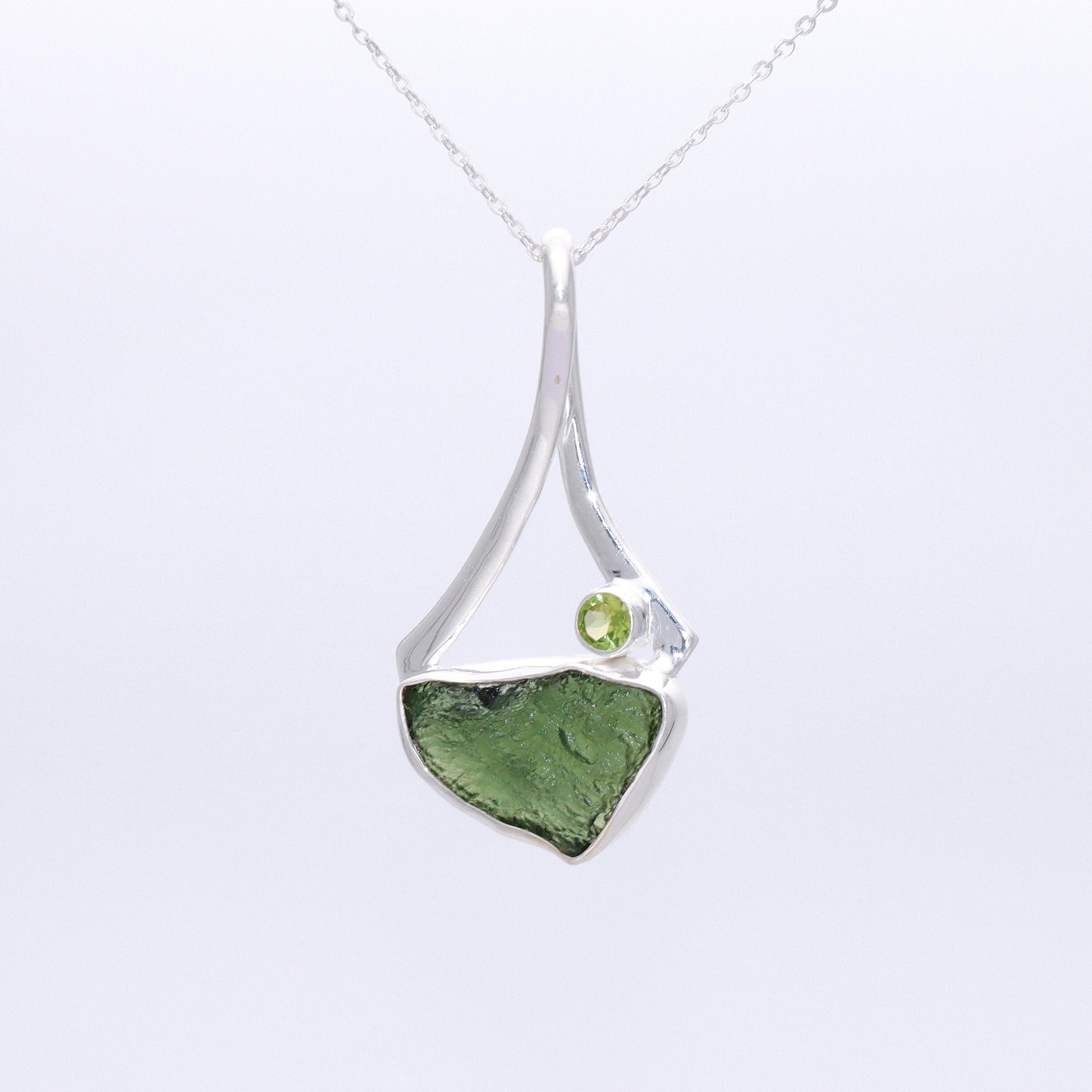 Genuine Moldavite Rough With Peridot Pendant 100% Natural With Certified Gemstone From Czech Republic 925 Sterling Silver Handmade Jewelry