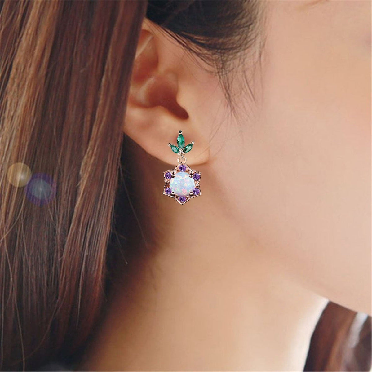 Vintage Fire Opal Halo Earrings, Amethyst & Emerald Studs