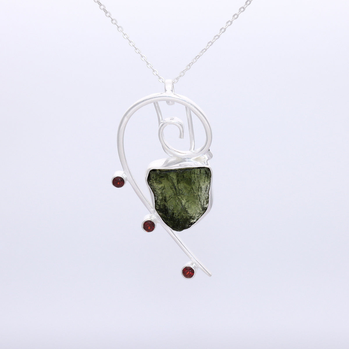 Raw Moldavite Pendant, 925 Sterling Silver, Handmade Silver Jewelry, Garnet Pendant, Moldavite From Czech Republic, Christmas Gift For Mom