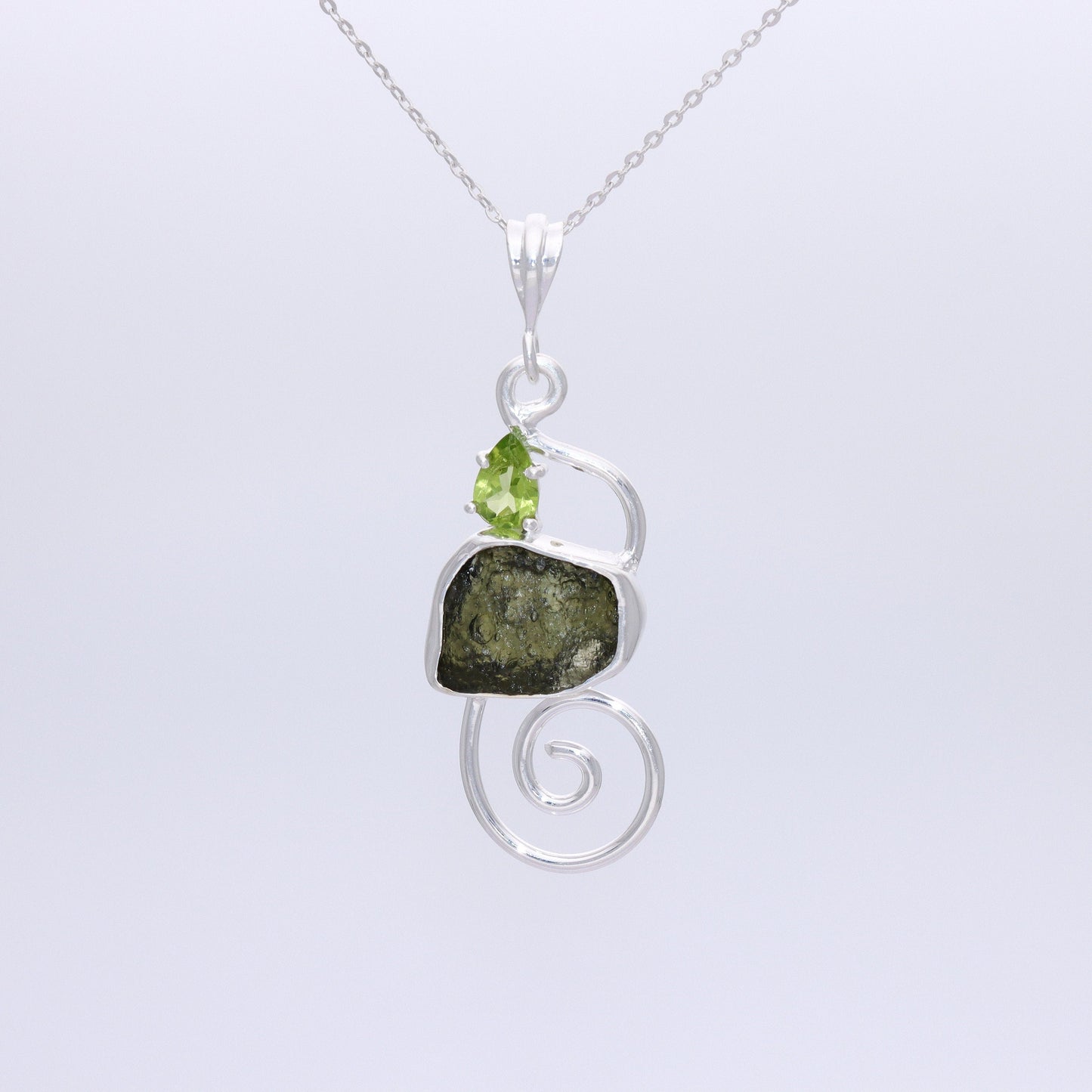 Natural Moldavite Pendant, 925 Sterling Silver, Raw Gemstone Jewelry, Czech Moldavite with Peridot, Handmade Jewelry Gift, Jewelry For Mom