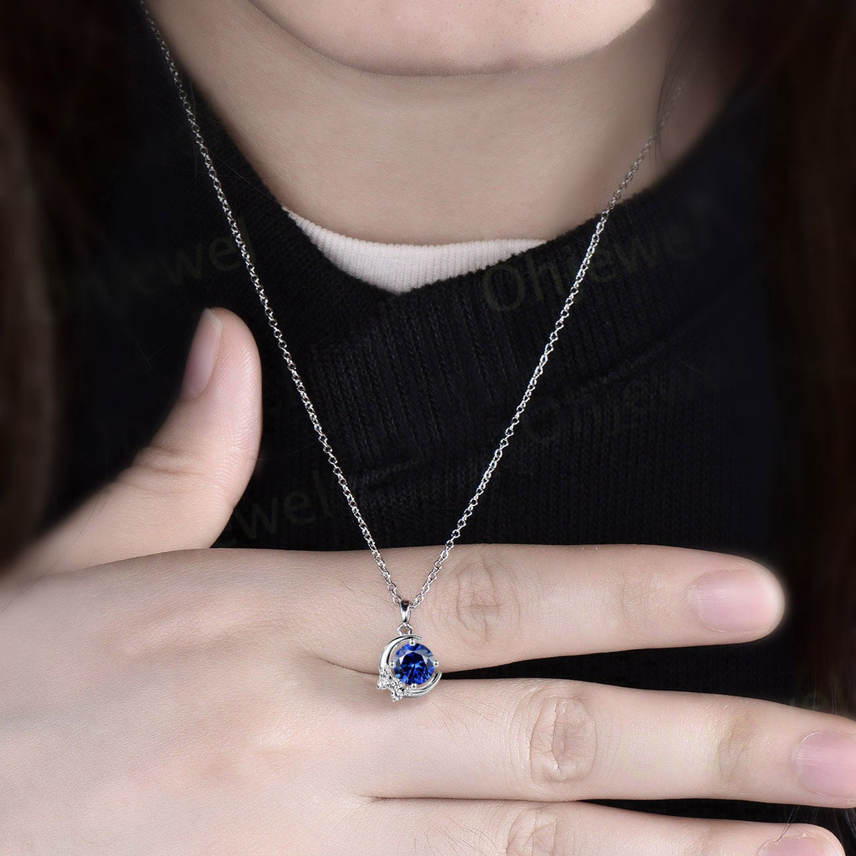 Vintage round blue sapphire necklace 14k rose gold Personalized moon cluster diamond unique Pendant women gemstone anniversary gift for her