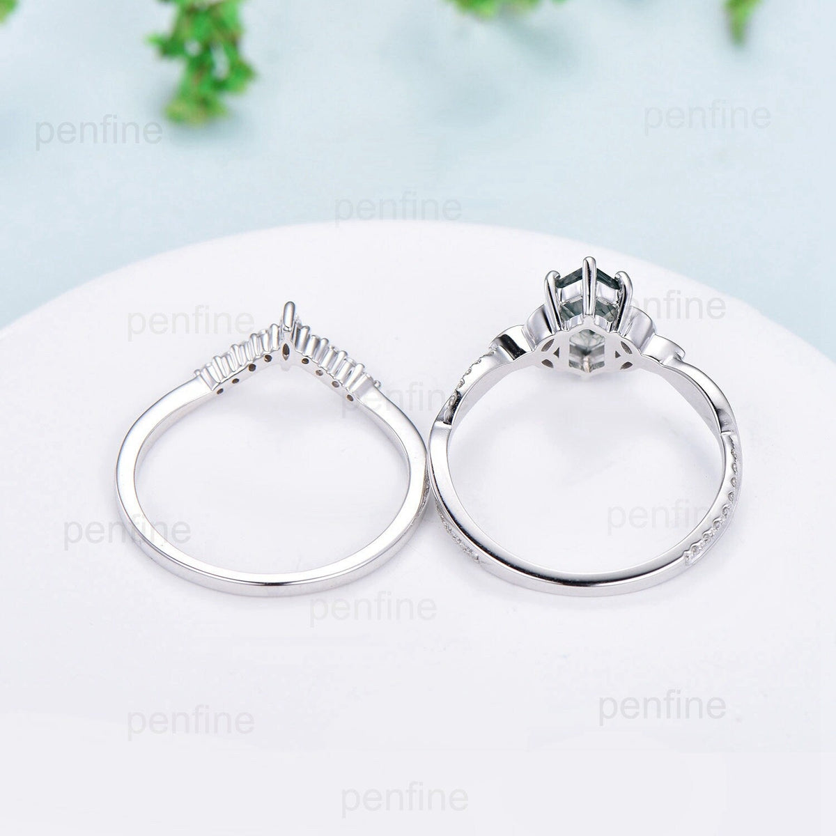 Norse Viking long hexagon moss agate engagement ring set 3/4 eternity twisted infinity moissanite & diamond band wedding ring set for women