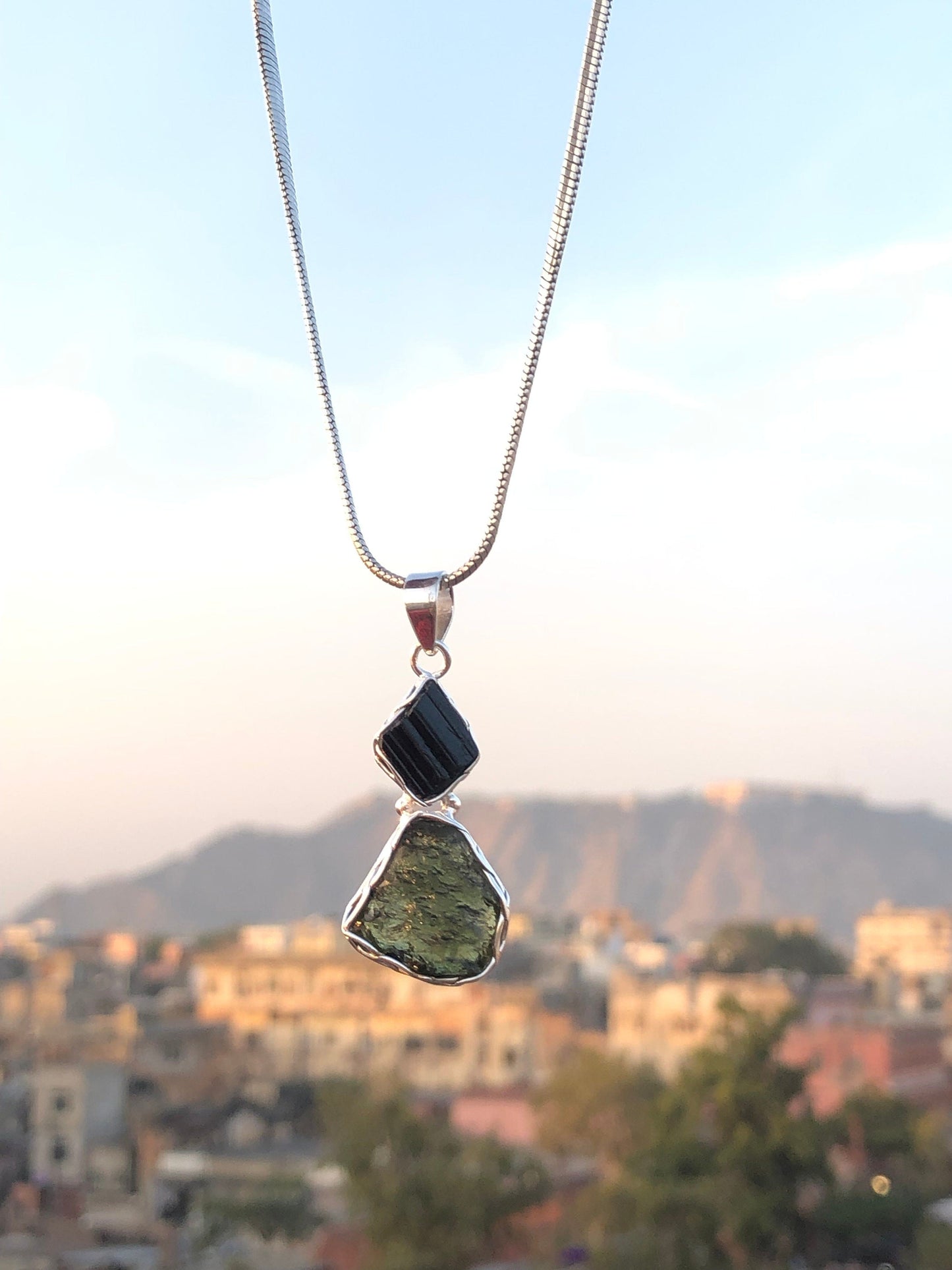 Moldavite Pendant, Black Tourmaline Pendant, Gemstone Pendant, Sterling Silver Pendant, Handmade Pendant, Natural Moldavite
