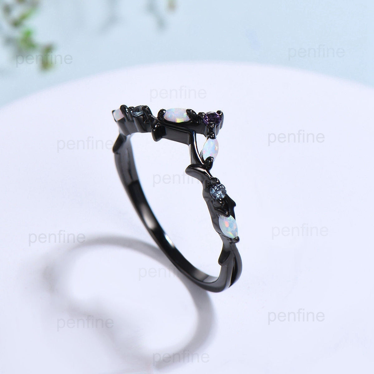Vintage Fire Opal Amethyst Eternity Wedding Band Black Gold Unique Alexandrite Stackable Marquise Art Deco Matching Band Anniversary Gift