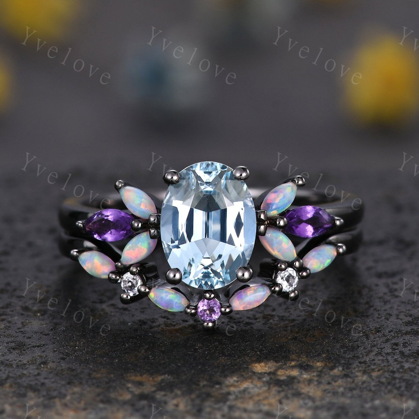 Antique Amethyst Opal wedding band marquise Opal Ring,Women Matching Band,Art Deco Curved Moissanite Wedding Band,Black Gold Ring,Customized