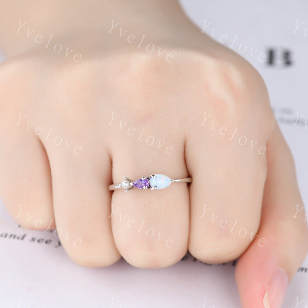 Vintage Opal Amethyst Engagement Ring,Pear Cut Gems,Art Deco Pearl Wedding Band,3 Stone Unique Women Bridal Promise Ring,Gold ring,Custom