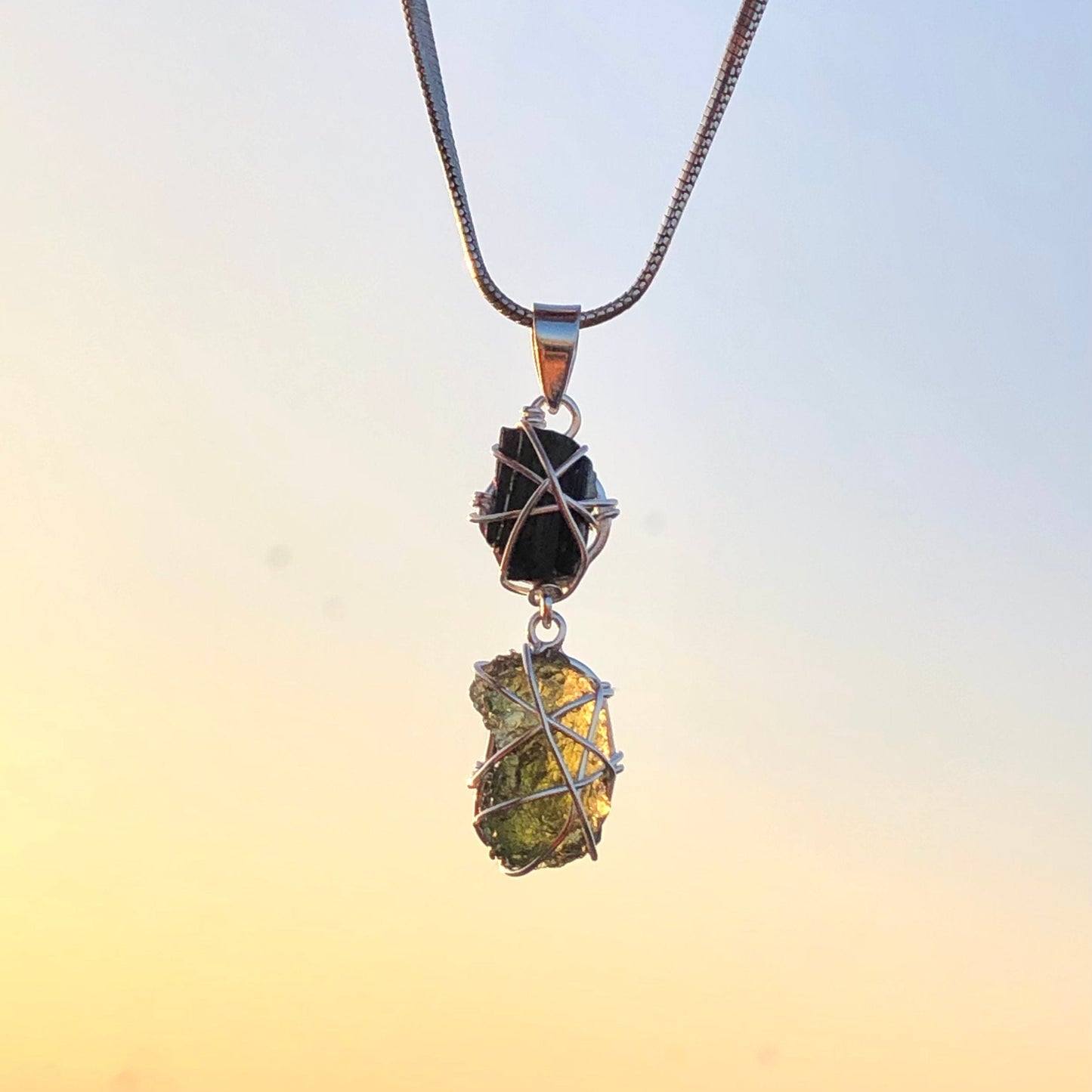 Moldavite Pendant, Black Tourmaline Pendant, Gemstone Pendant, Sterling Silver Pendant, Handmade Pendant, Natural Moldavite
