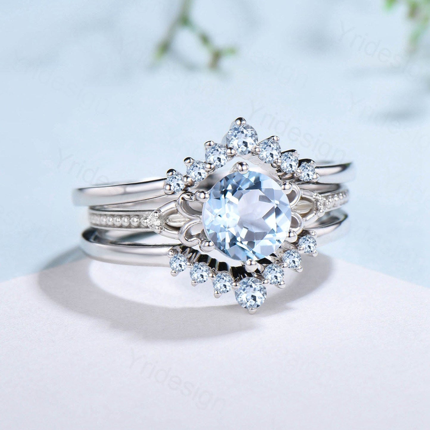 Art Deco Aquamarine Wedding Ring Set, 1 Carat White Gold Bridal Ring
