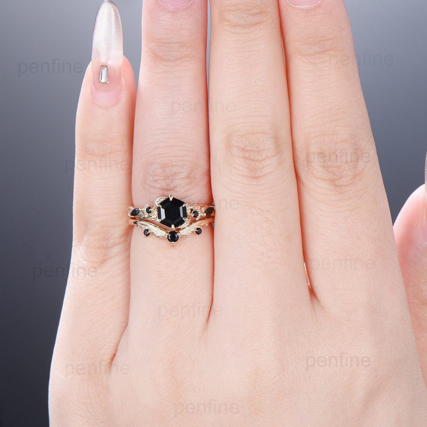 Unique yellow gold black onyx engagement ring set Nature Inspired black stone wedding ring set vintage Retro spinel Leaf Vine bridal set