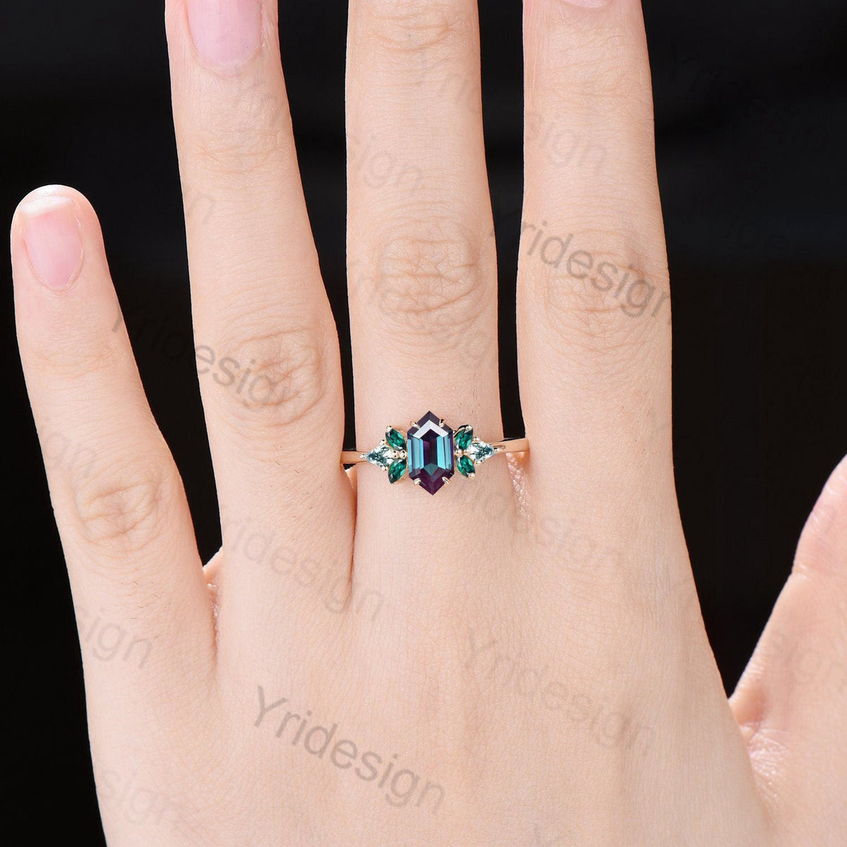 Vintage long hexagon alexandrite engagement ring set Unique cluster marquise emerald kite moss agate bridal set opal amethyst stacking band