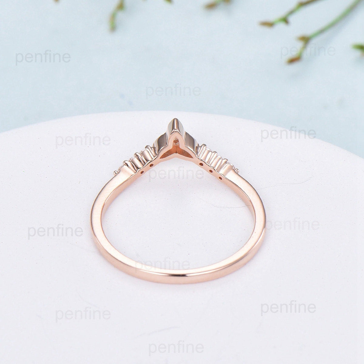 Emerald Moissanite Rose Gold Wedding Band, Vintage Stacking Ring