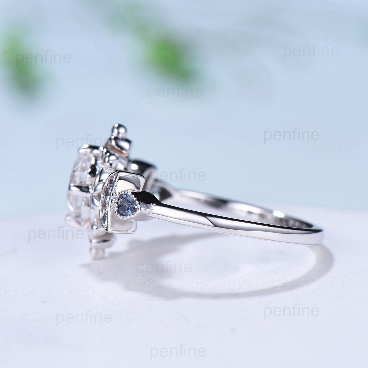 Floral Hexagon Moissanite Engagement Ring Crescent Moon Pear Alexandrite Cluster Wedding Ring Unique Promise Ring Handmade Bridal Gift