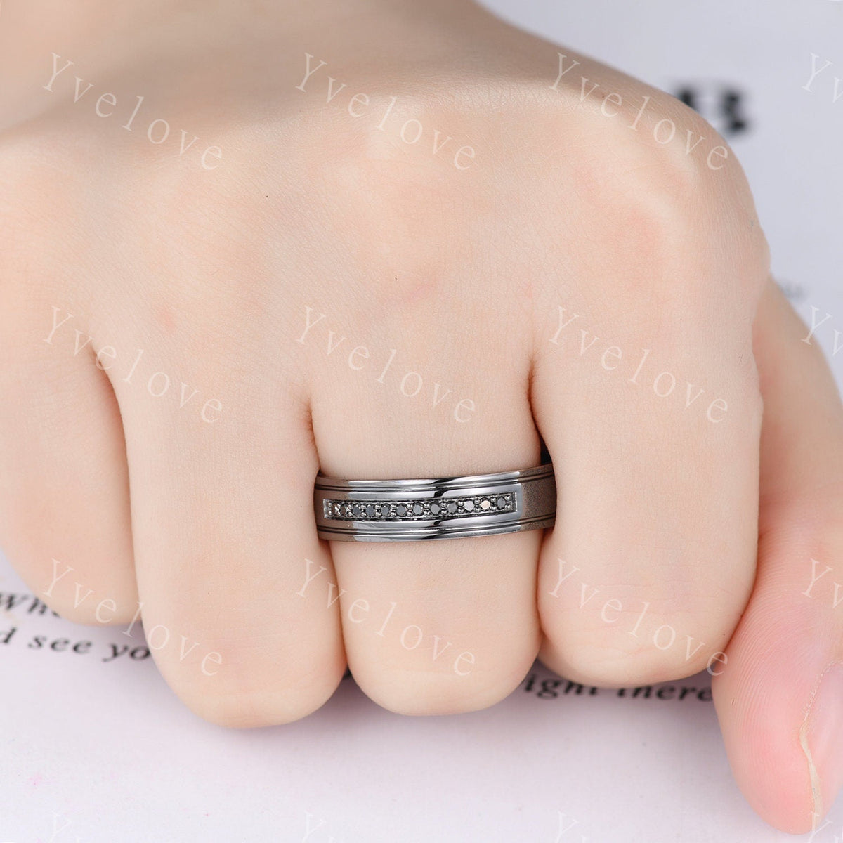Mens Black Diamond Wedding Band Black Band Diamond channel Set Ring Unisex Stacking Matching Band Retro Vintage Ring Gift For Her or Him