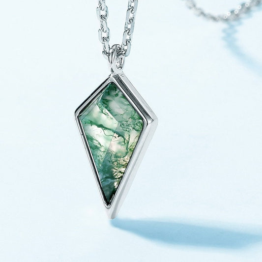 Vintage Moss Agate Pendant Necklace, Kite Cut Minimalist Jewelry